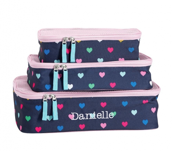 Mackenzie Navy Pink Multi Hearts Packing Cubes, Set Of 3 Mackenzie Navy Pink Multi Hearts Packing Cubes, Set Of 3