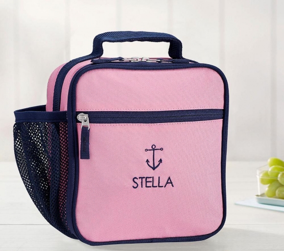 Mackenzie Pink Navy Trim Solid Classic Lunch Box Mackenzie Pink Navy Trim Solid Classic Lunch Box